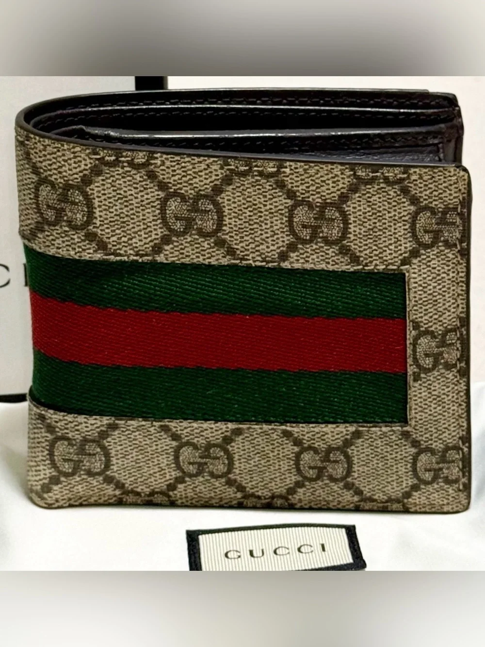 Gucci GG Supreme New Web Sherry Line Bi-fold Wallet in Coated Canvas